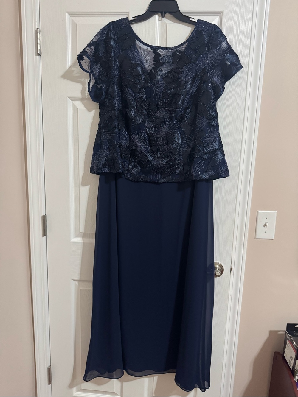 Alex Evenings Navy Blue Two-Piece Evening Dress with Lace Overlay